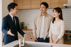 営業マンがお客様ご夫婦をモデルルームのキッチンにご案内