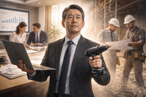 パソコンと工具を持ったビジネスマンのイラスト